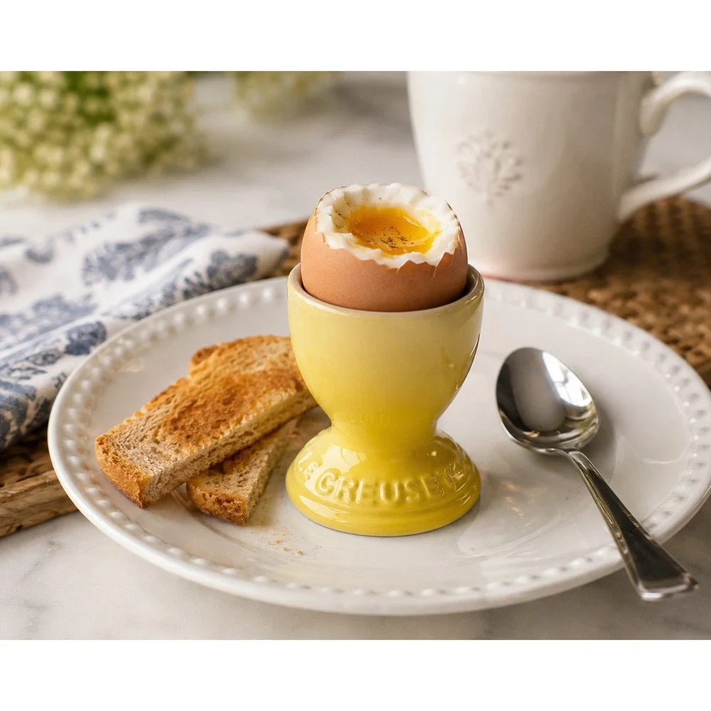 Le Creuset Stoneware Footed Egg Cups Set of 2 Yellow Soleil Ombre Logo NEW